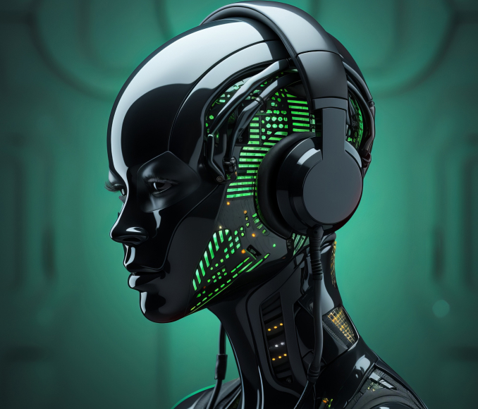 A modern robot equipped with headphones, illustrating the cutting-edge capabilities of our RPA software technology.